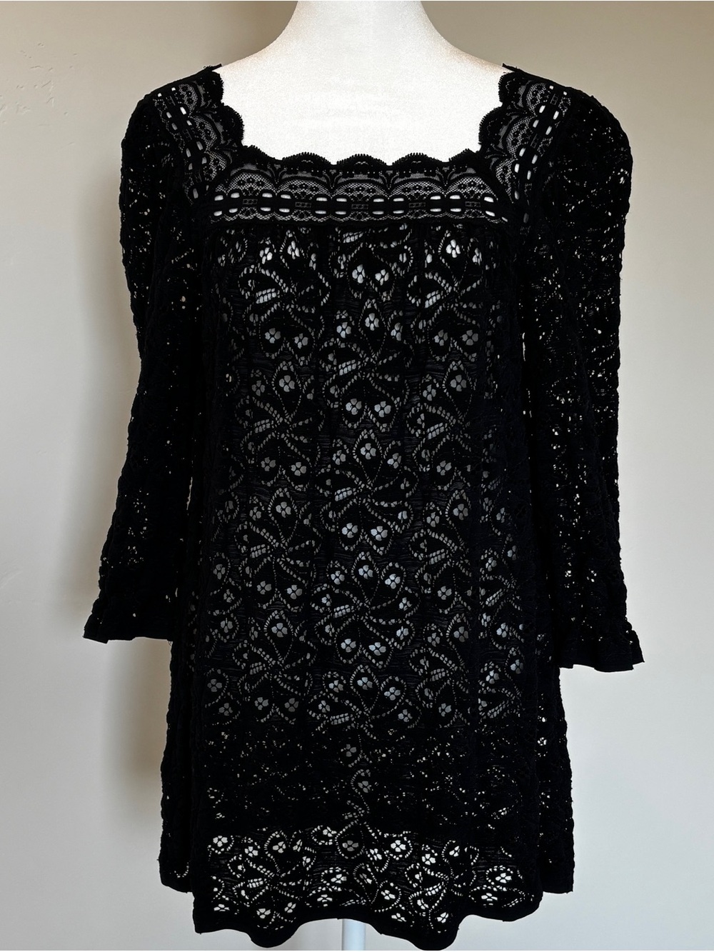 Anna Sui Black Lace Babydoll 3/4 Sleeve Dress
